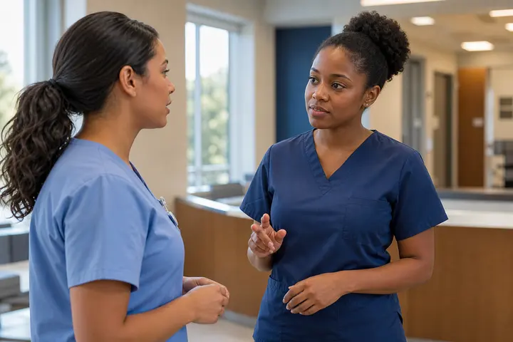 Two nurses reviewing a handoff together