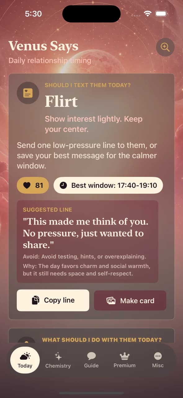 Venus Says showing today's text or wait decision, love score, time window, and suggested message